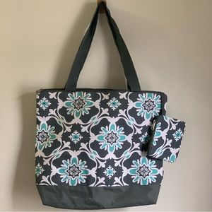 NGIL Quatre Vine Women’s Tote Bag Matching Coin Purse Gray Aqua Carryall Teacher